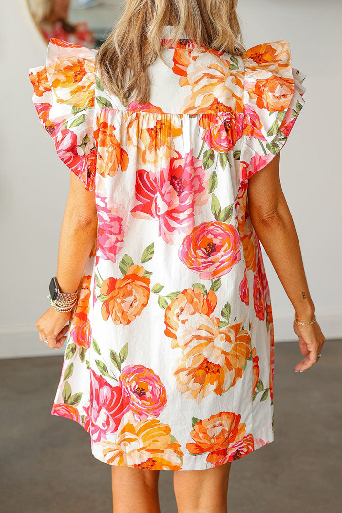 Floral Pintuck Ruffle Sleeve Pocket Dress