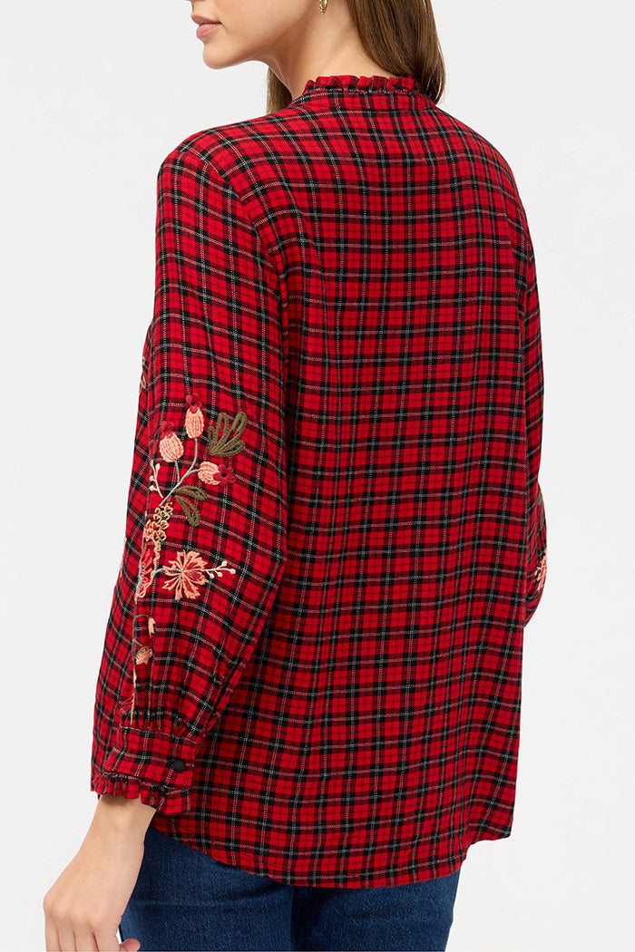 Plaid Floral Embroidered Top