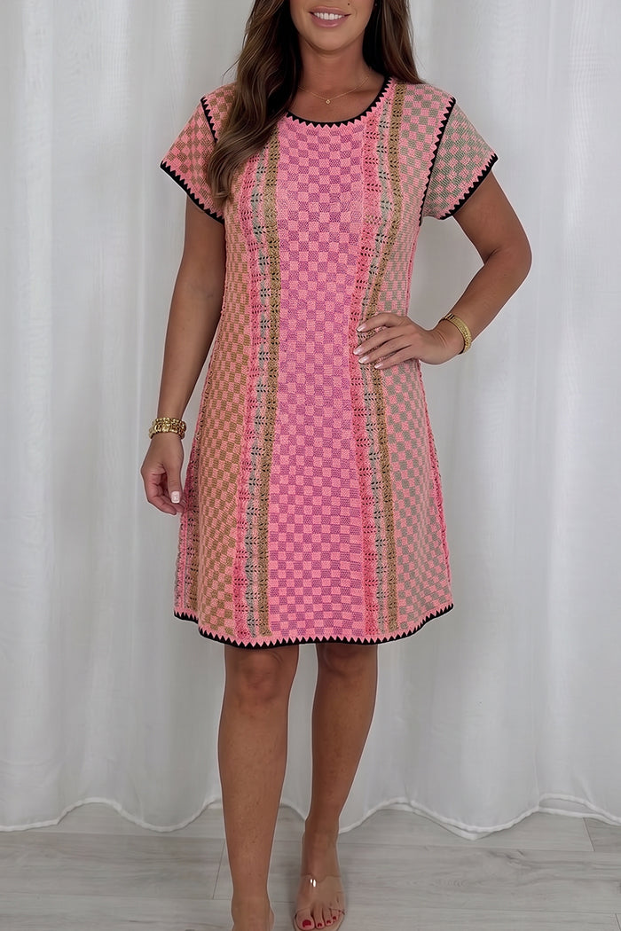 Short Sleeve Checkerboard Knit Dress