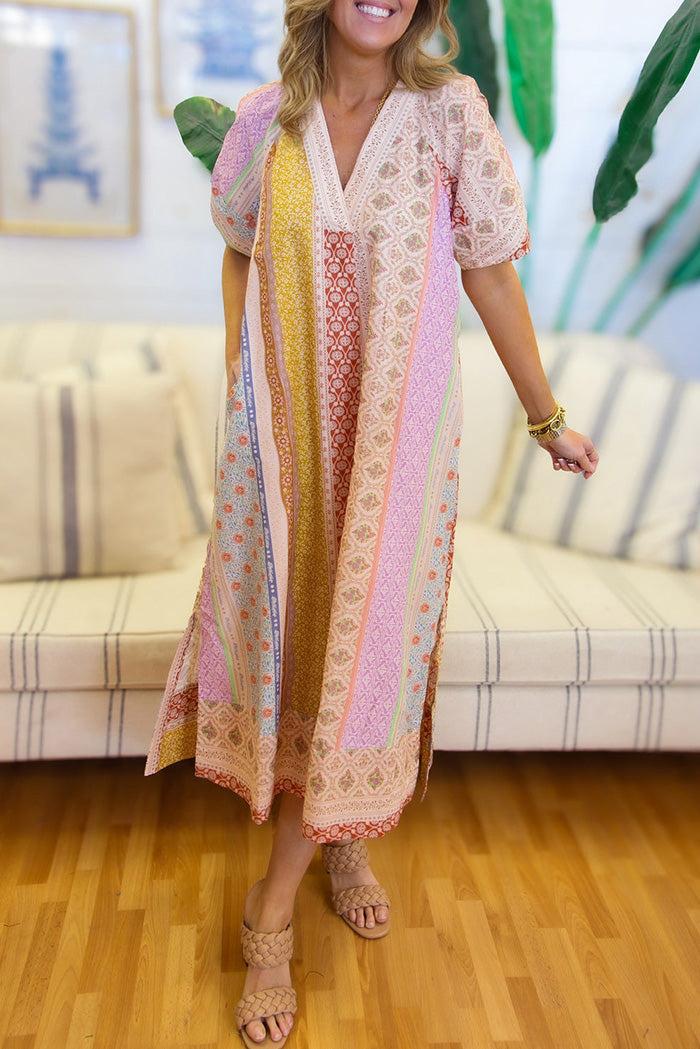 Patchwork Print Pocketed Kaftan Dress