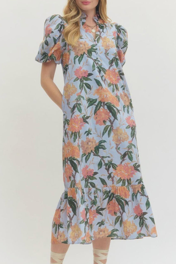 Floral Print Ruffled Neck Short Puff Sleeve Midi Dress
