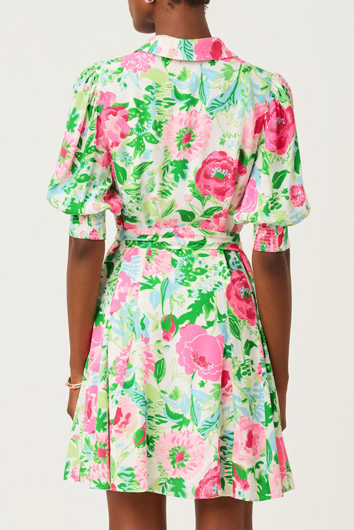 Belted Puff Sleeve Button Front Floral Dress