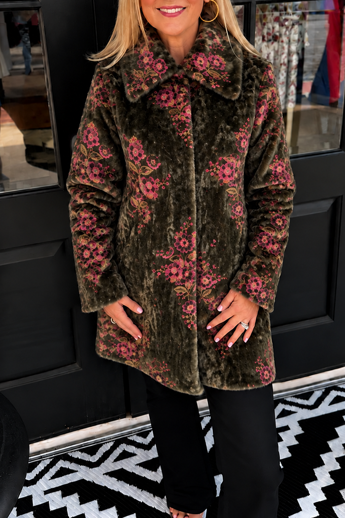 Floral Pattern Faux Fur Coat