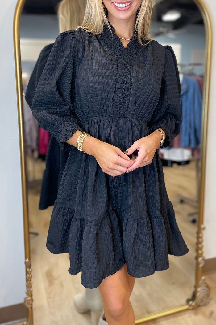 1/2 Sleeve Textured Ruffle Accent Dress