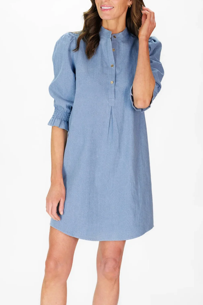 Blue Stand Collar Puff 3/4 Sleeve Smocked Cuff Shift Dress