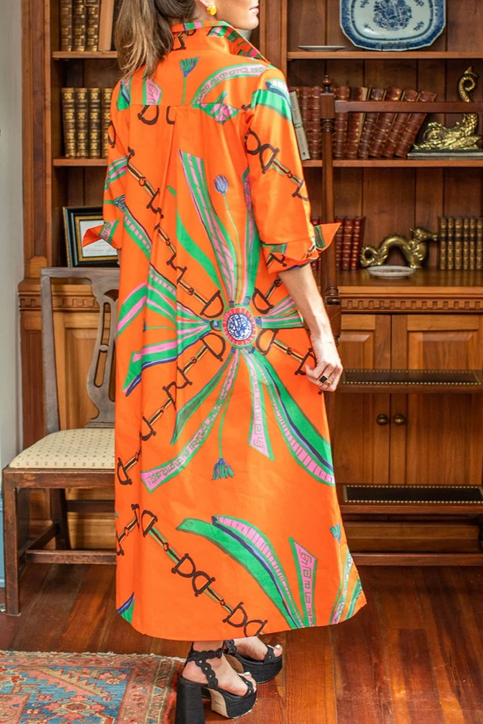 Vibrant Orange Graphic Print Shirt Maxi Dress