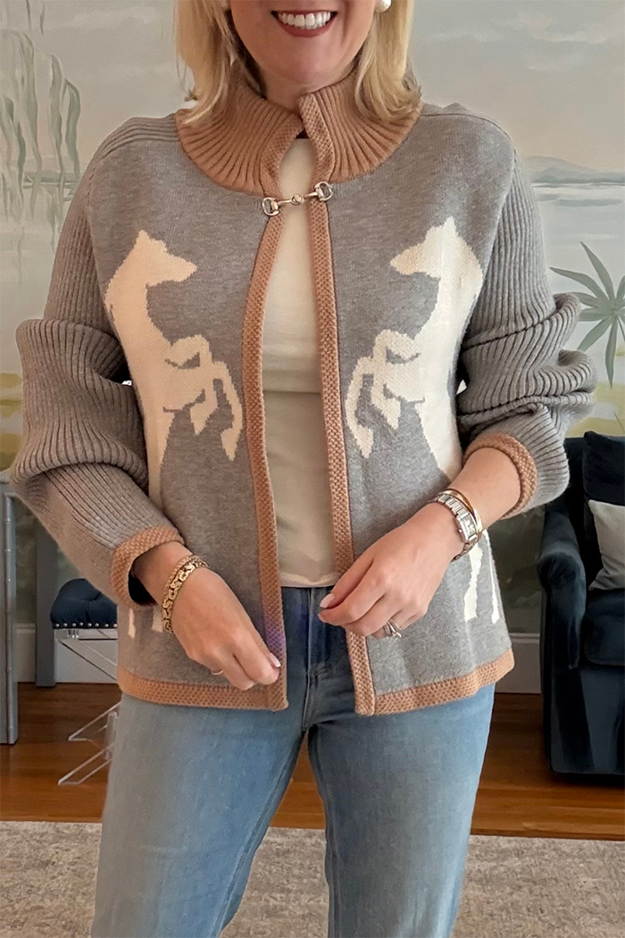 Horse-Print Standing Collar Cardigan