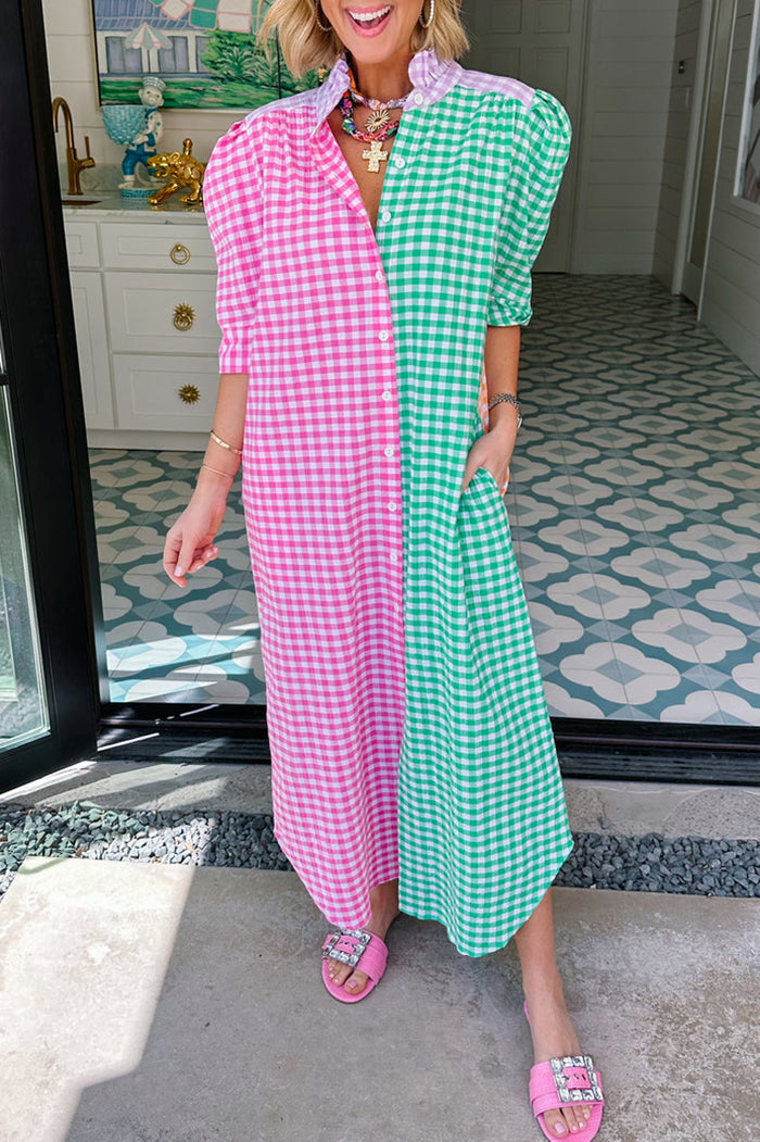 Colorblock Button Up Gingham Pocket Dress