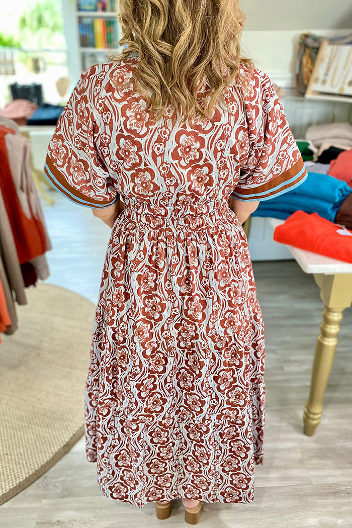 Pocketed Floral Print Band Collar Midi Dress