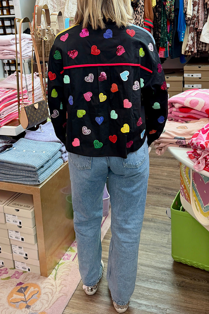 Multi Rhinestone Heart Button Up Top