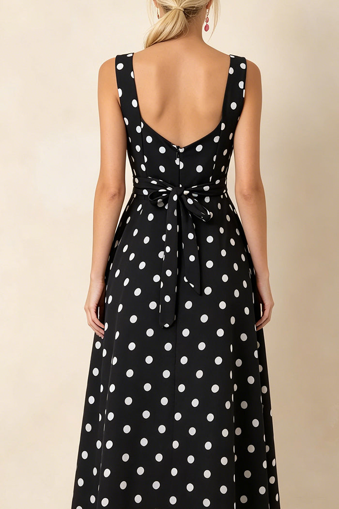 Black Square Neck Sleeveless Polka Dot Maxi Dress