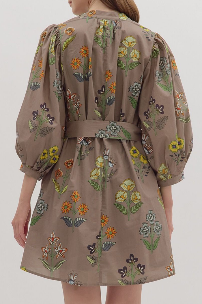 Floral Belted Puff Sleeve Pockets Dress