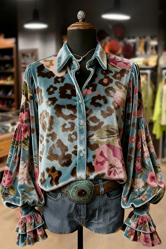 Velvet Leopard Floral Print Button Up Top
