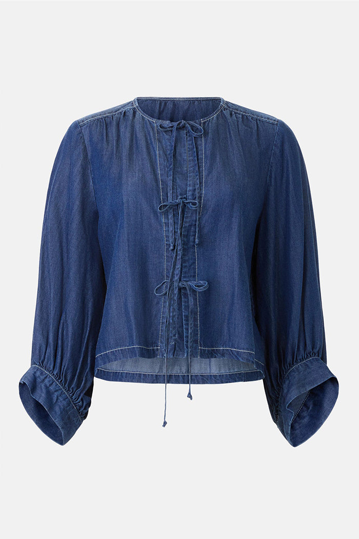 Tie Front Balloon Sleeve Wide Leg Denim Set