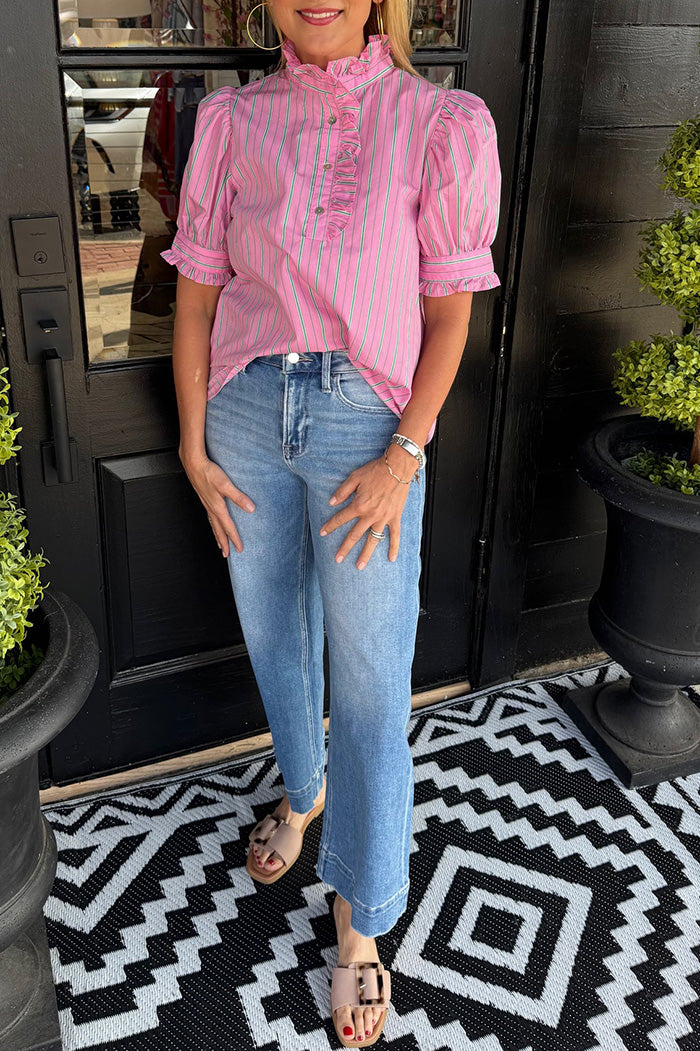 Pink Striped Ruffled Puff Sleeve Top