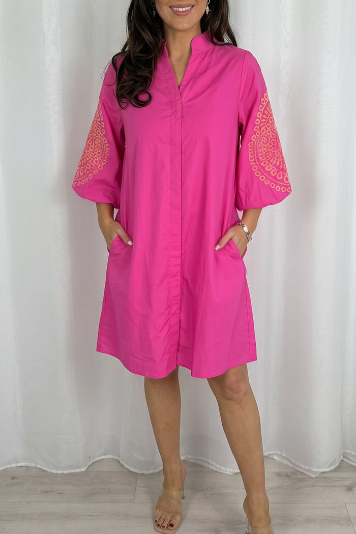 Casual Embroidered Sleeve Pocket Dress