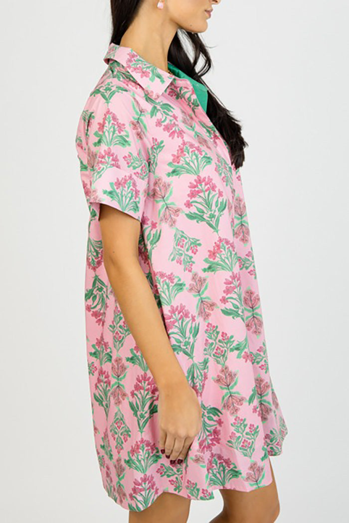 Pocketed Floral Print Button Down Dress