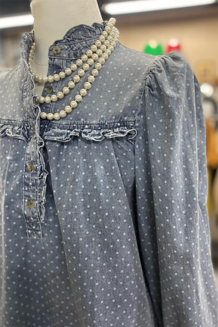 Denim Polka Dot Ruffle Peasant Top