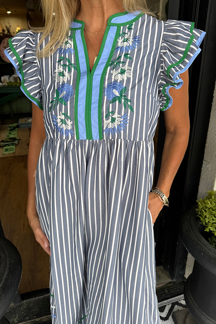 Ruffled Stripe Pocket Midi Dress