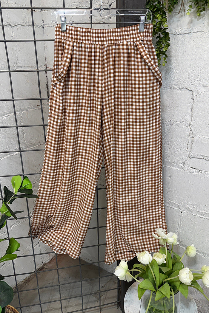 Bubble Sleeve Top & Taupe Gingham Wide Leg Pants Set