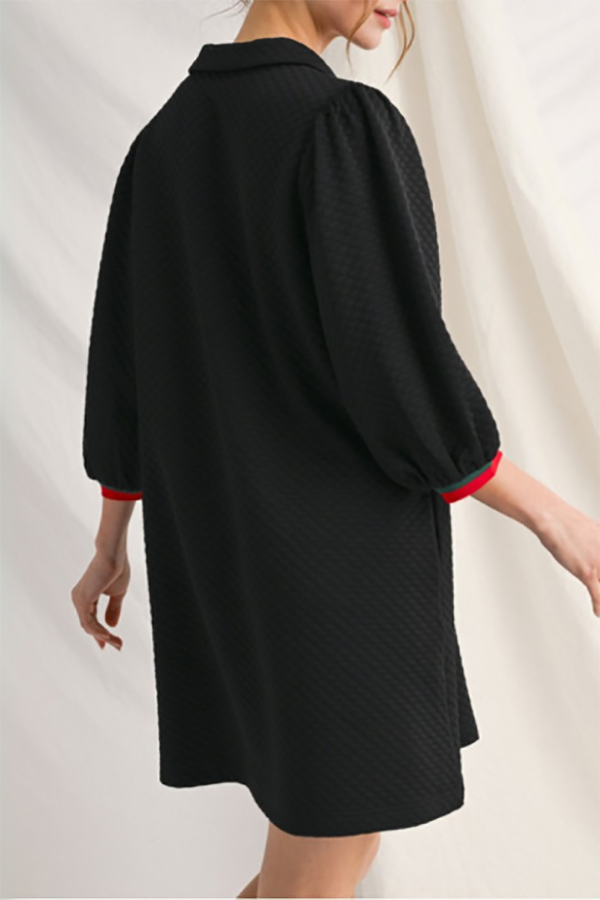 Stripes Trim Puff Sleeve Dress