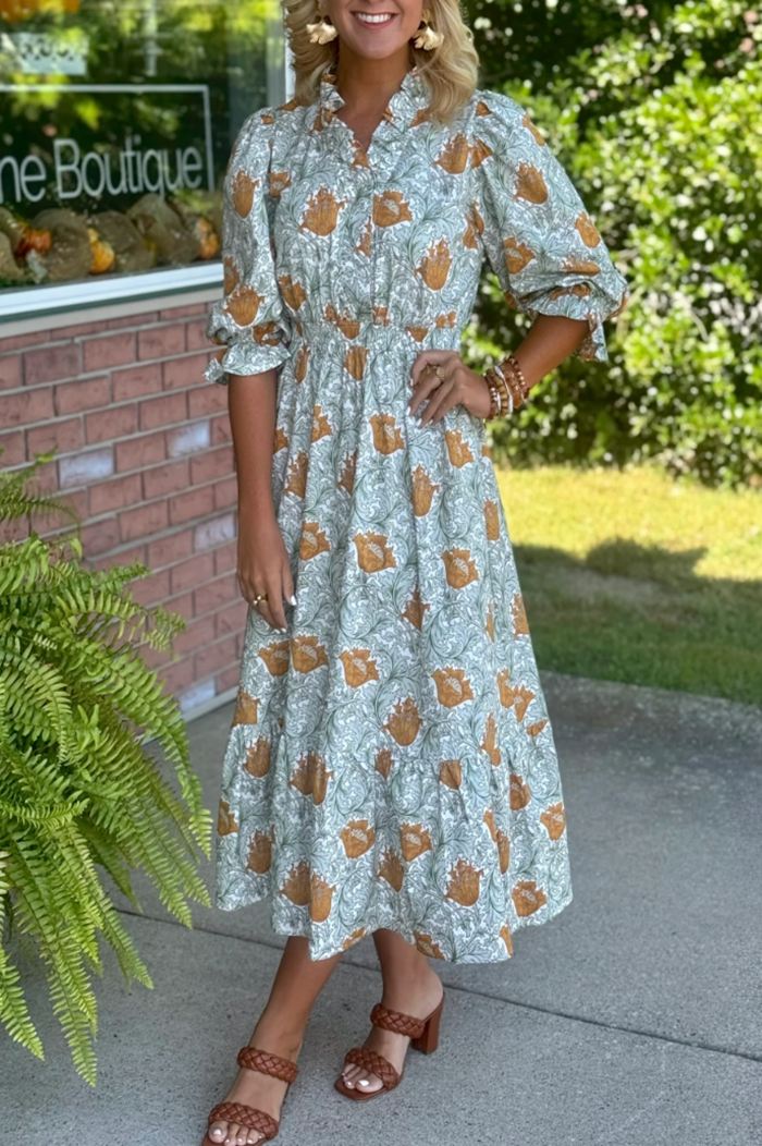 Ruffle Neckline Floral Dress