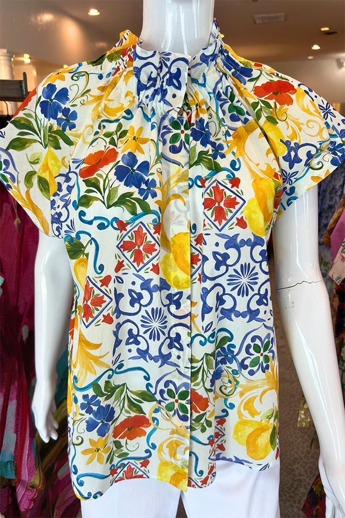 Lemon Floral Print Button Top