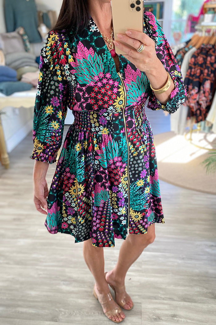 3/4 Puff Sleeve Floral Zip Front Mini Dress