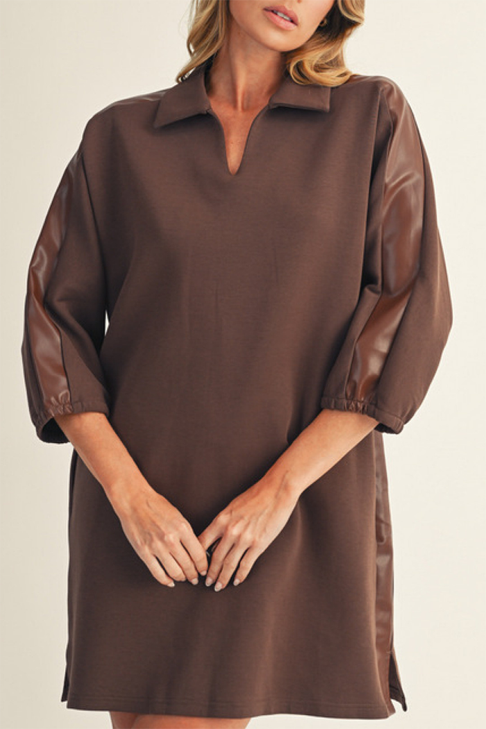 Leather Trimmed Pockets Collared Dress