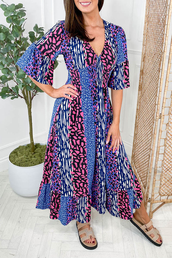 Multi-Animal Print Flowing Wide Sleeve Dress