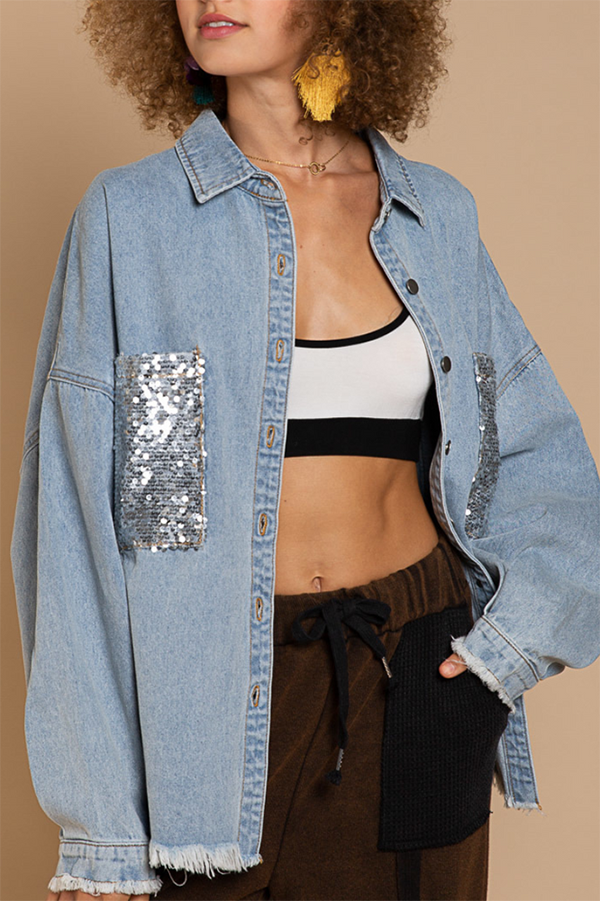 Sequin Patch Pocket Denim Jacket