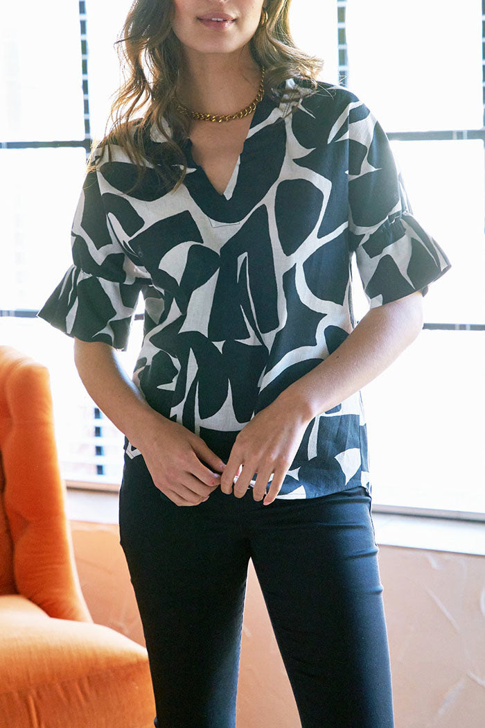 Puzzle Print Ruffle Collar Top