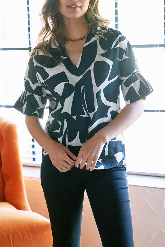 Puzzle Print Ruffle Collar Top