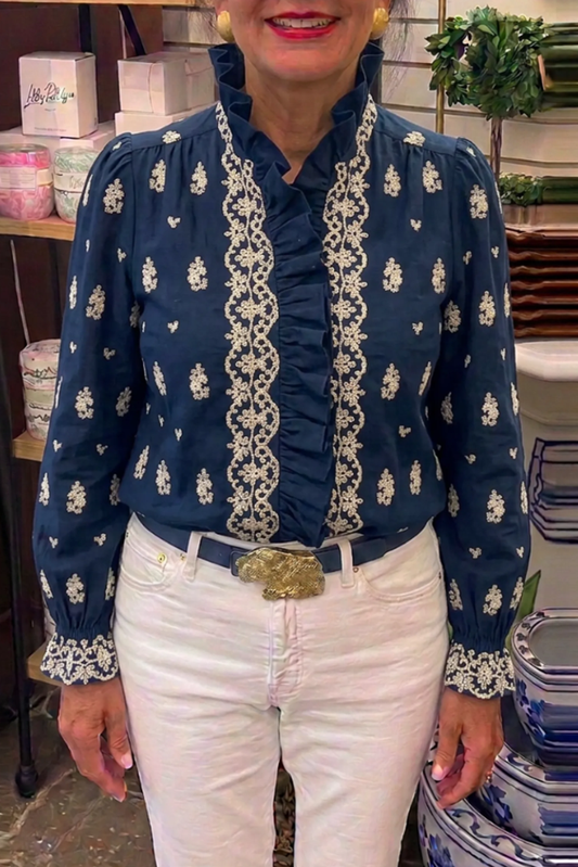 Casual Floral Embroidered Ruffle Top