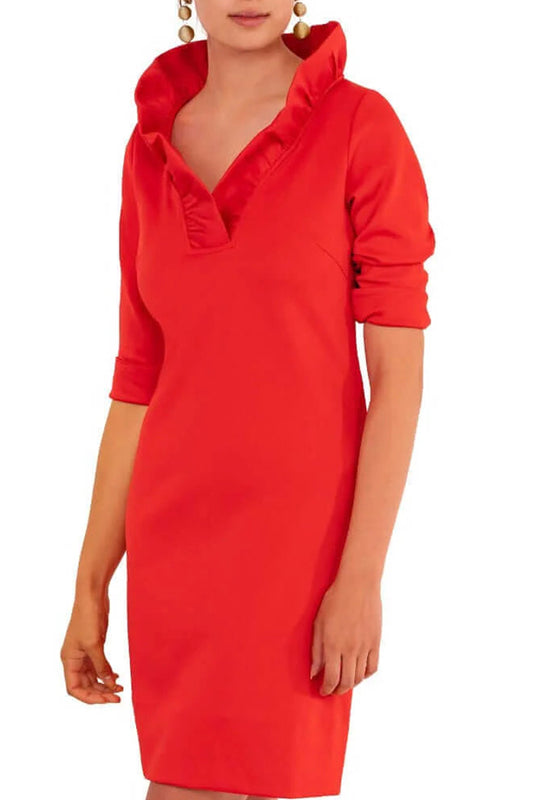 Ruffled Stand-Neck 3/4 Sleeve Sheath Dress