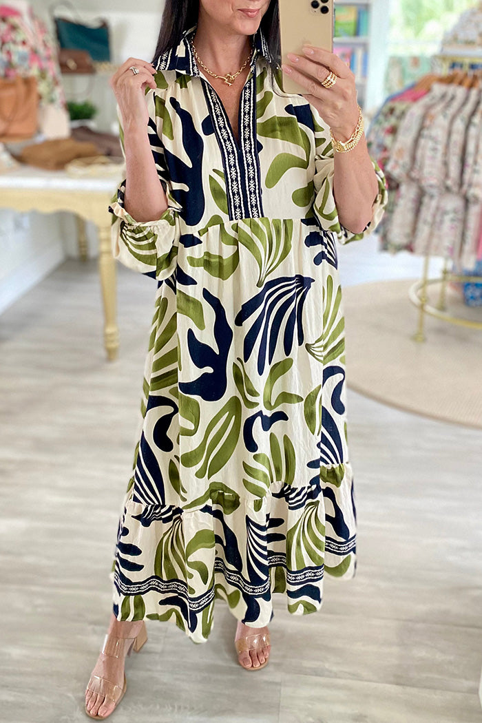 Pocketed Boho Leafy Print Maxi Dress