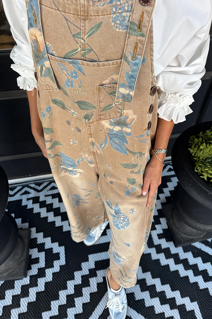 Mocha Blue Floral Print Pocket Overalls