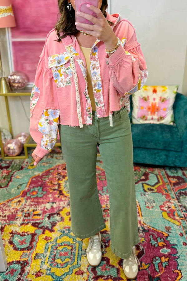 Casual Floral Patchwork Pocket Top