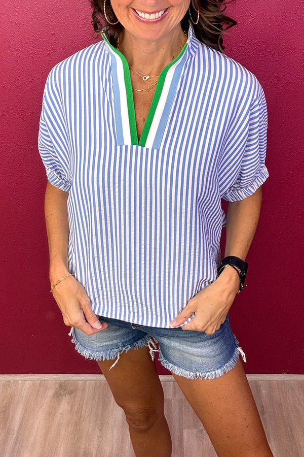 Casual Striped Elastic Sleeve Top