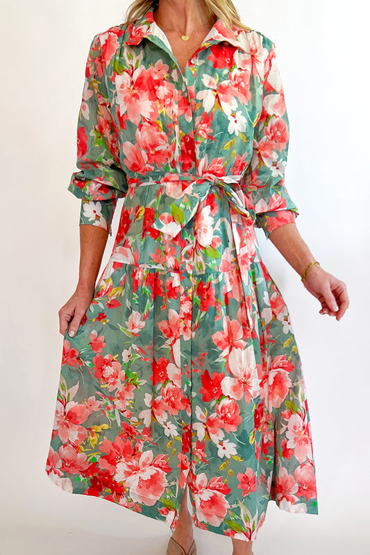 Floral Button Up Tie Waist Maxi Dress