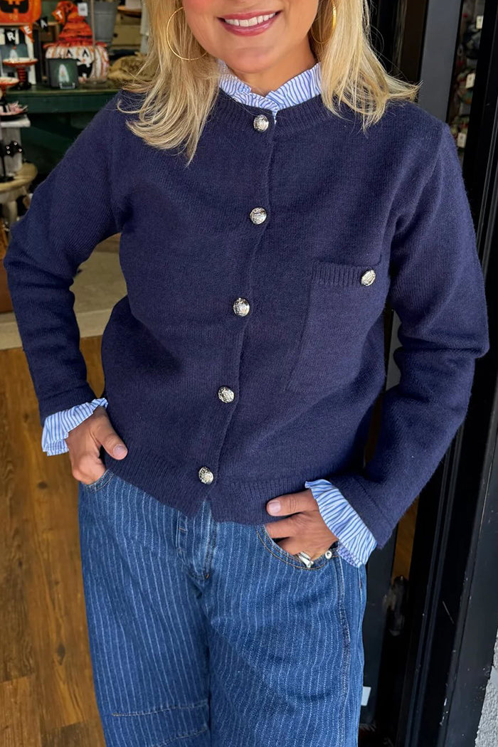 Ruffle Neckline Crewneck Cardigan