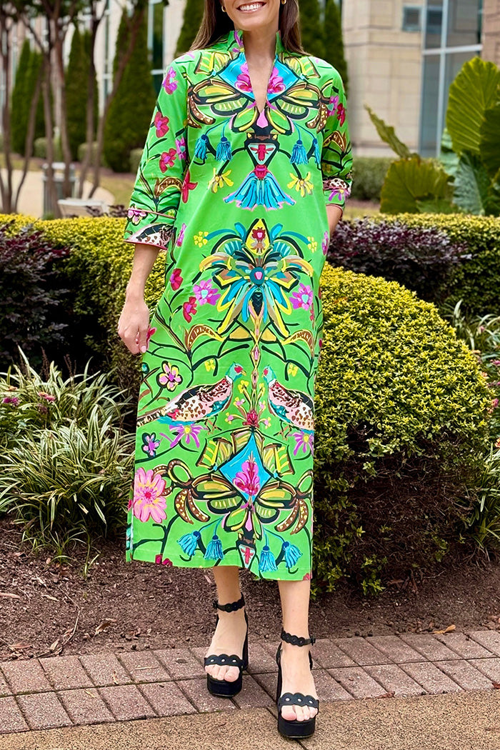 Pocketed V-Neck Printed Maxi Dress