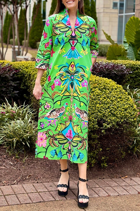 Pocketed V-Neck Printed Maxi Dress