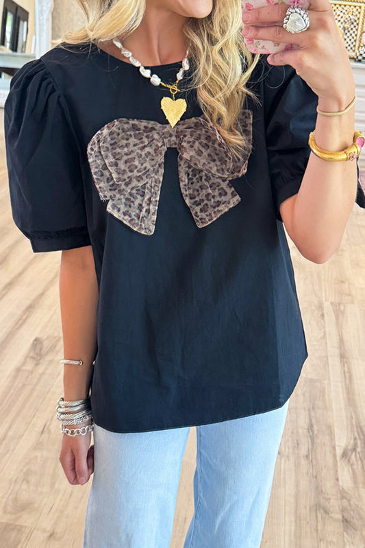 Leopard Bow Puff Sleeve Top