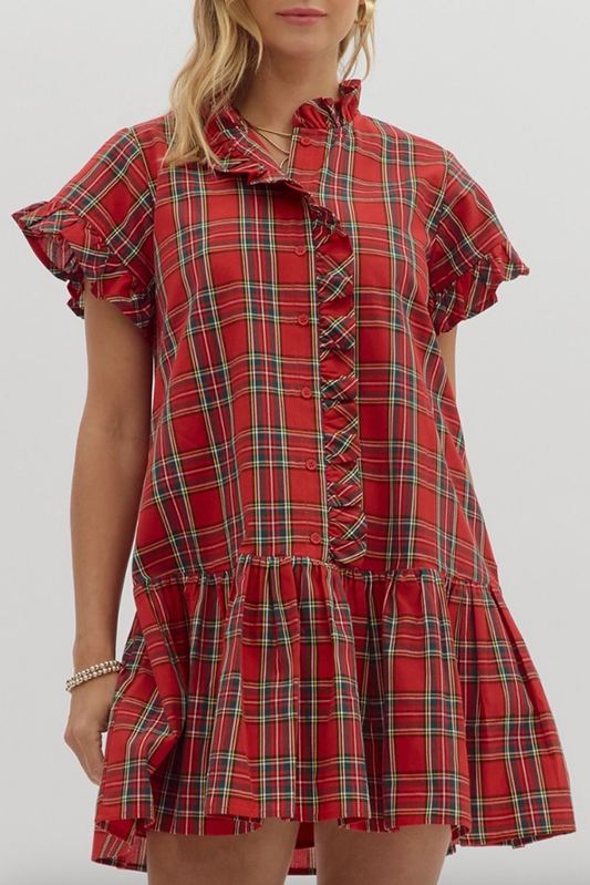 Plaid Pattern Ruffle Hem Dress
