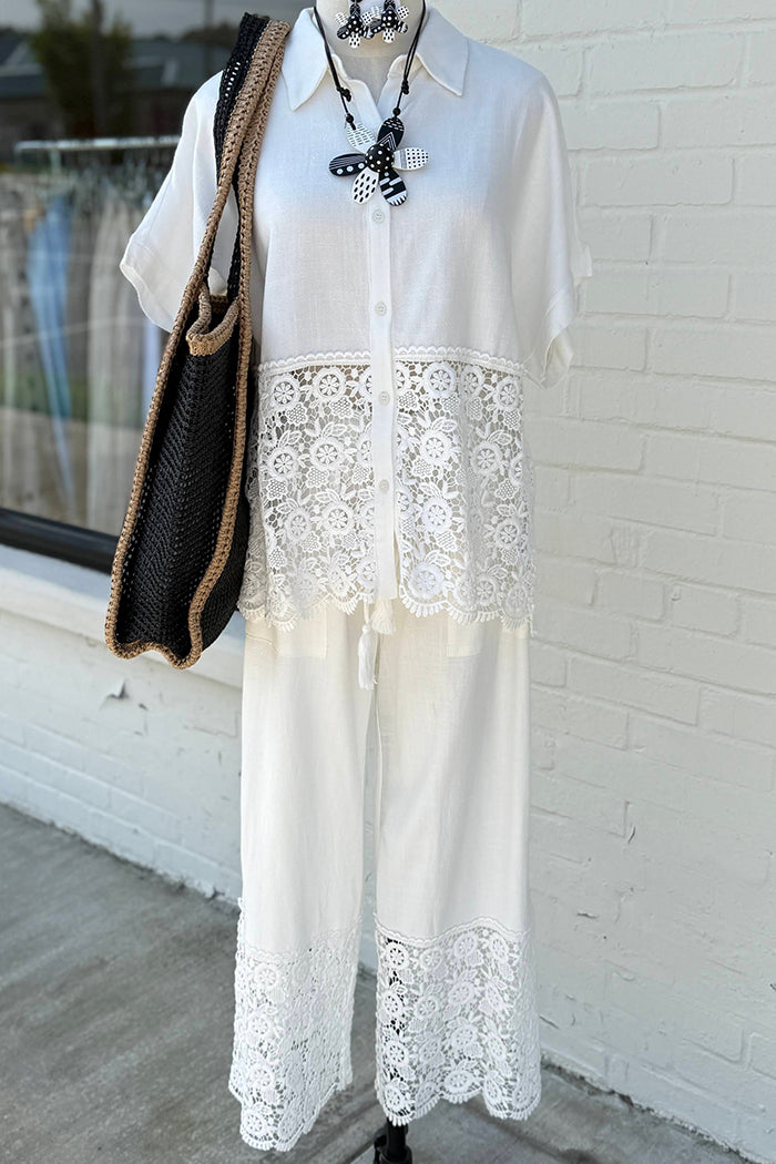 Off White Lace Hem Wide Leg Pants