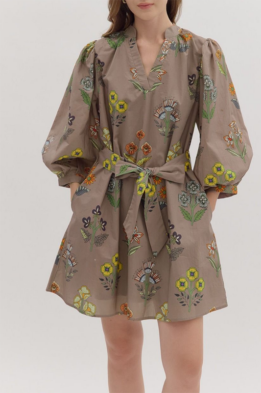 Floral Belted Puff Sleeve Pockets Dress