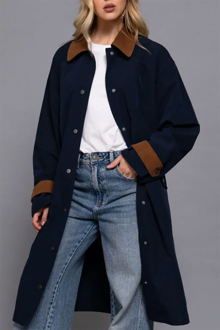 Contrast Collar Snap Button Down Pocket Coat