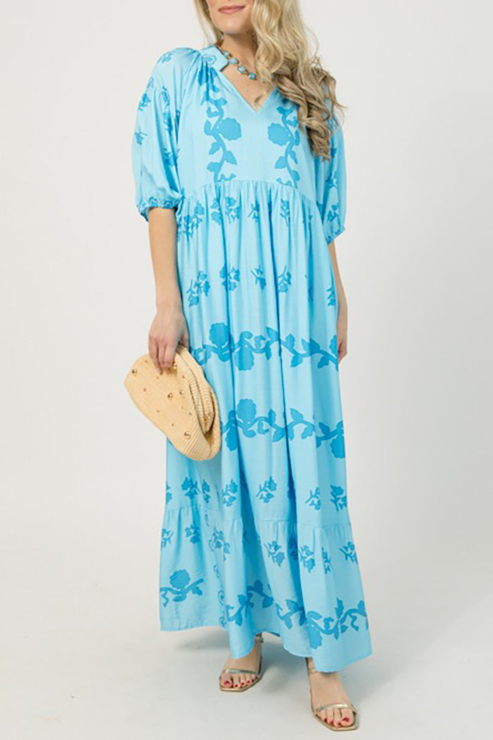 Ruffled Hem Puff Sleeve Maxi Dress