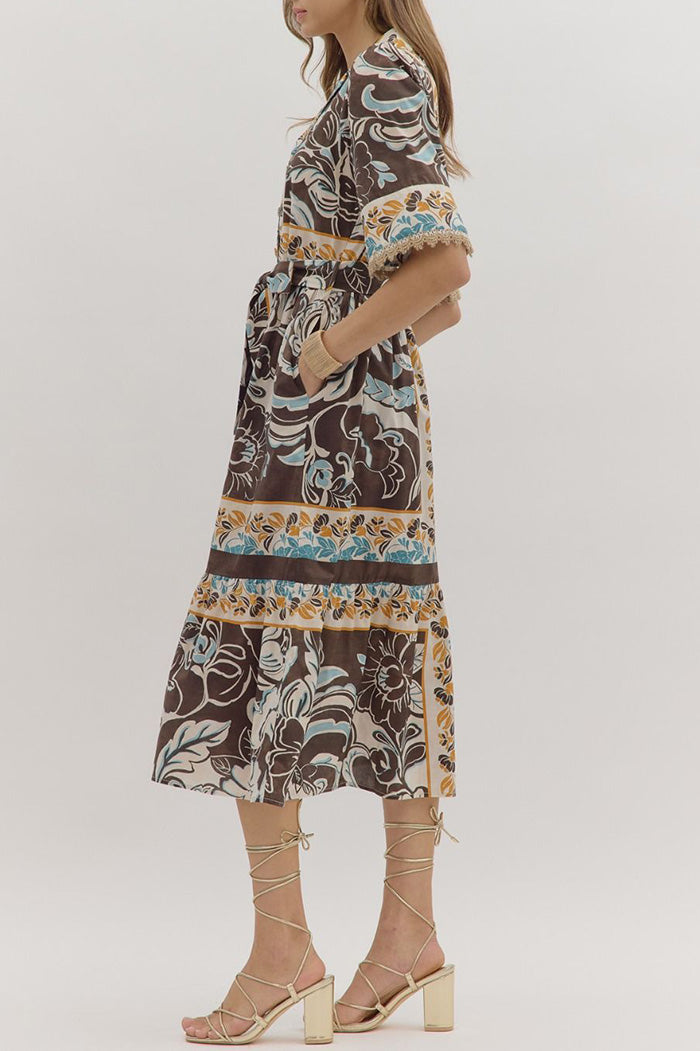 Short-Sleeve Belted Pocketed Floral Midi Dress